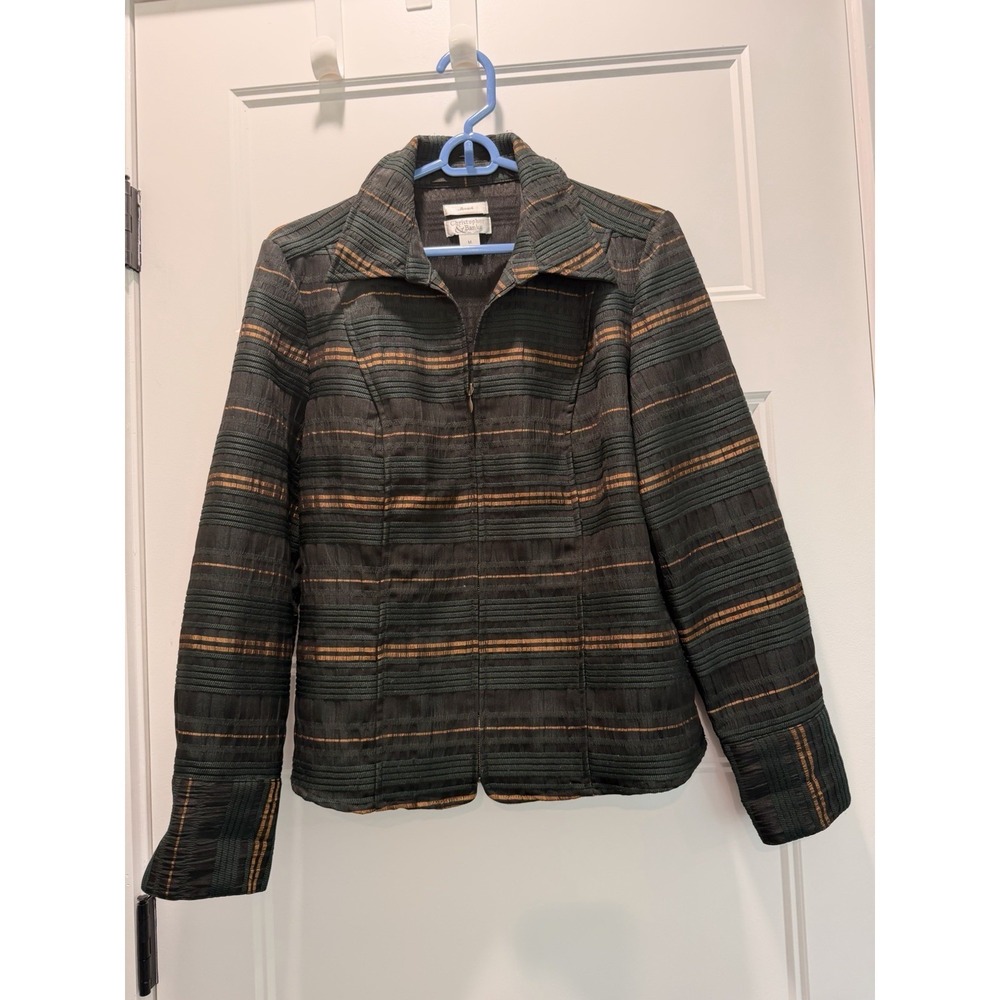 Christopher & Banks Stripe Zip Front‎ Jacket Green Bronze Sz M Crinkle Stretch